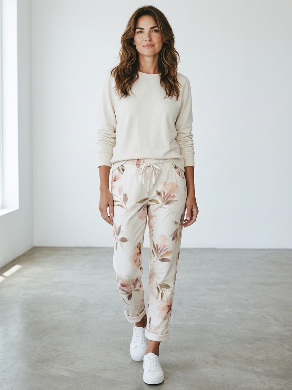 Women's Cream Floral Drawstring Jogger Pants